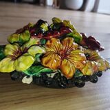 Vintage decorative object in ceramic majolica with pansy decoration – 1950s