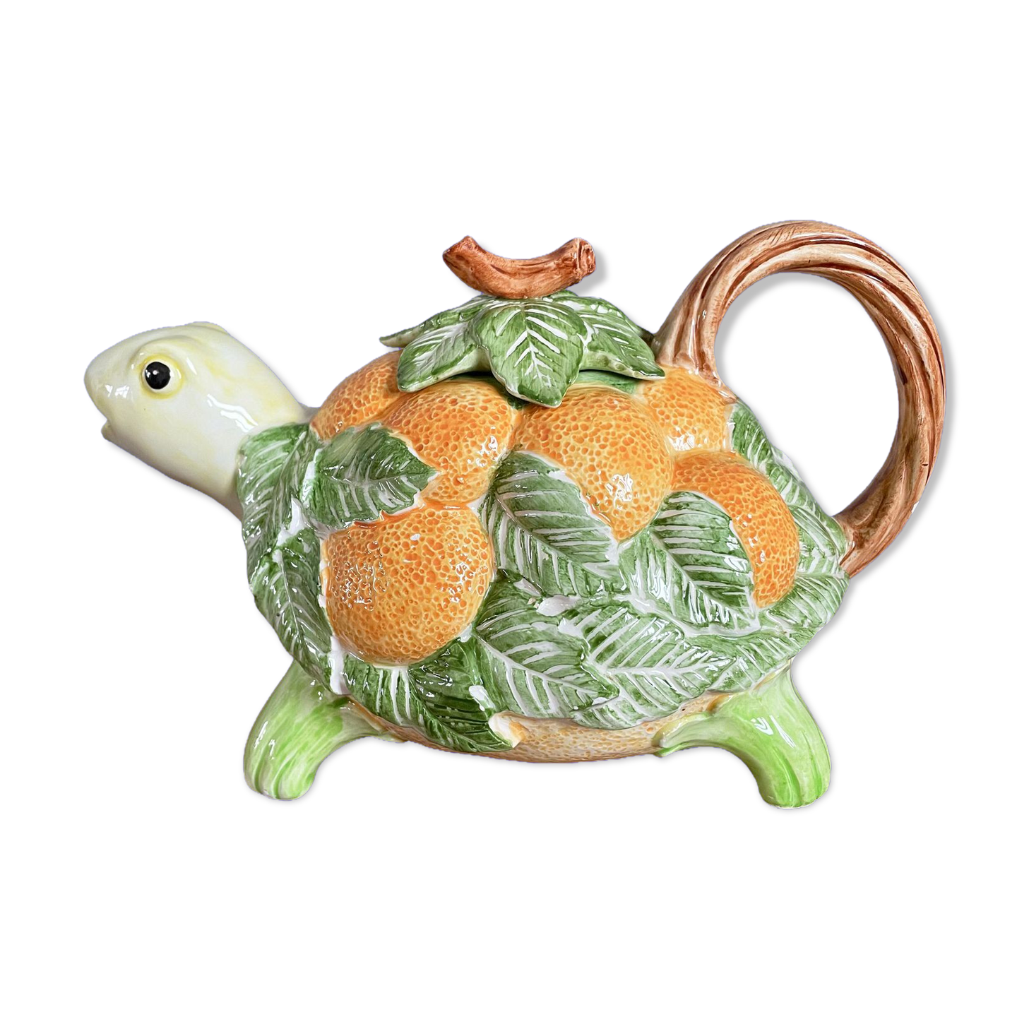 Fitz & Floyd ff1986 turtle jug or teapot with oranges and leaves, american majolica tableware