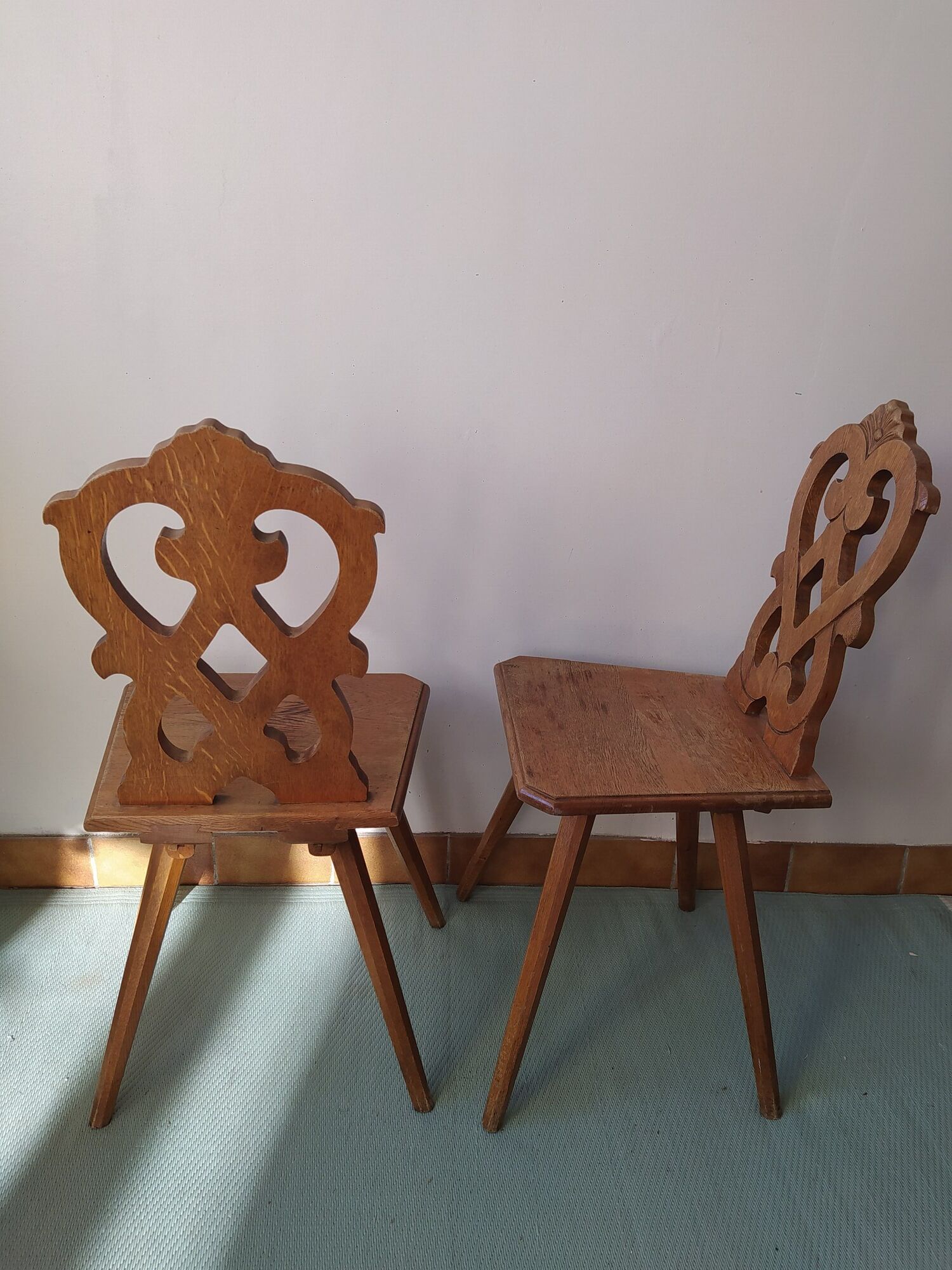 Pair of savoyard mountain chairs carved wooden chalet