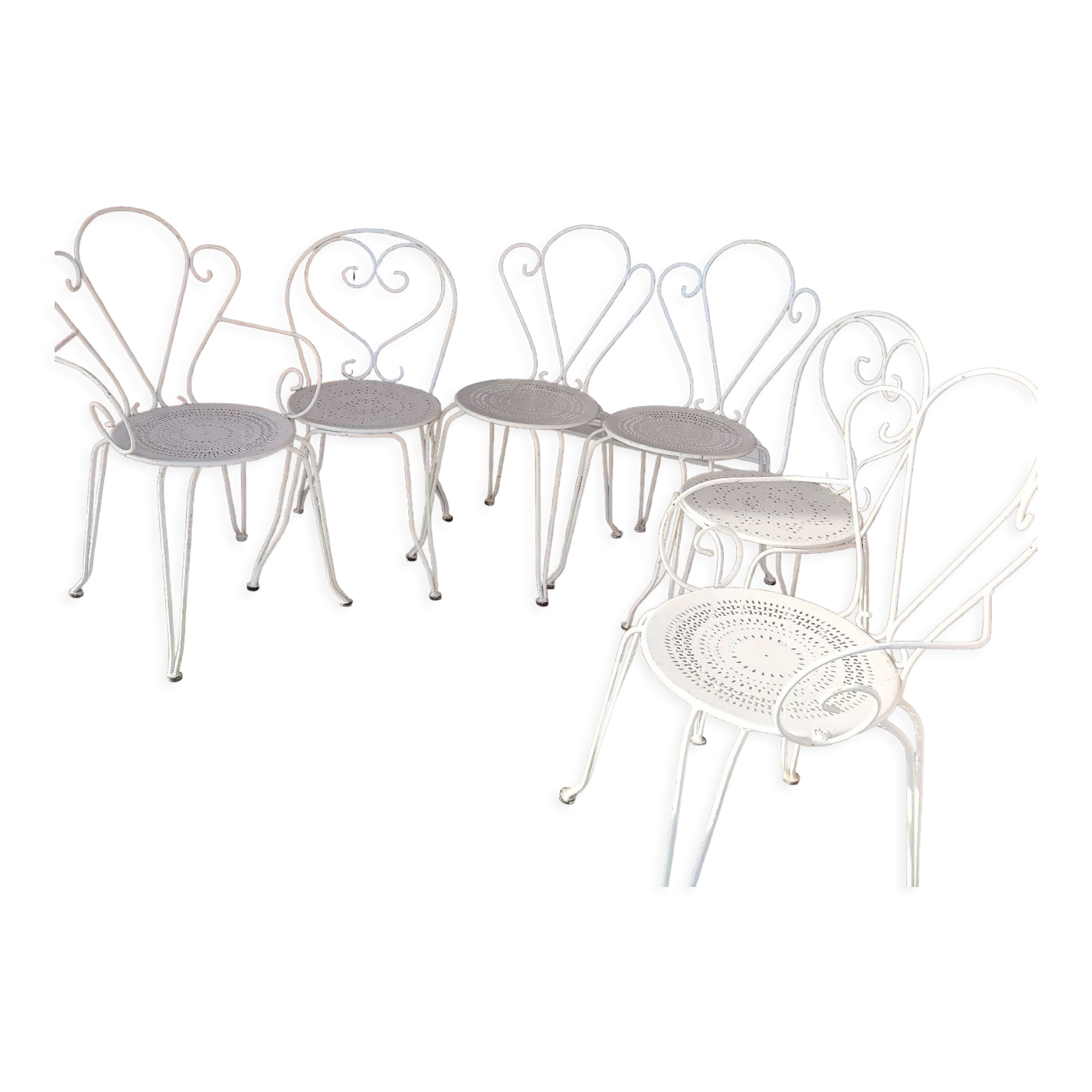 D'époque 4 chaises et 2 fauteuils blancs fer forgé