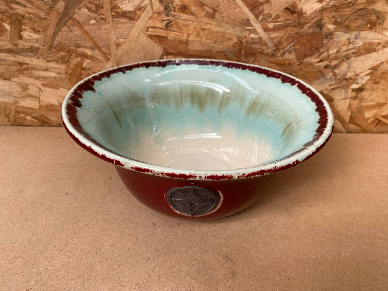 Antique Red Ceramic Salad Bowl Blue Interior + Vintage Kitchen Badge