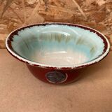 Antique Red Ceramic Salad Bowl Blue Interior + Vintage Kitchen Badge