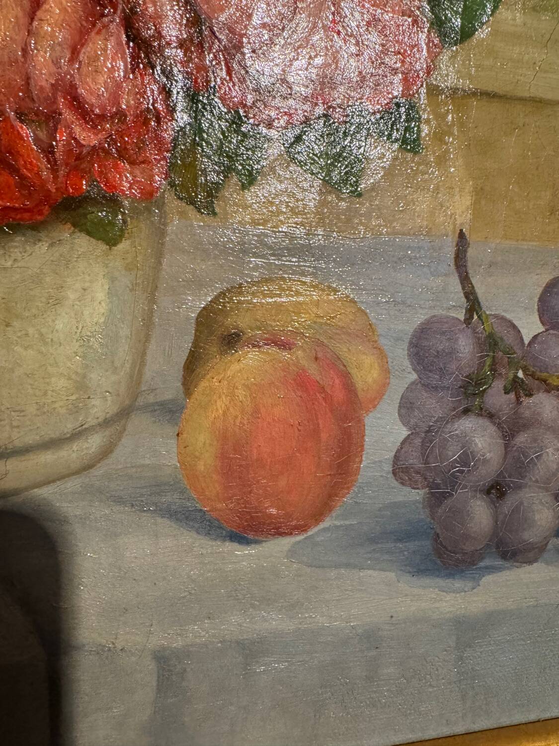 Old painting, Still life or roses and fruits, early 20th century