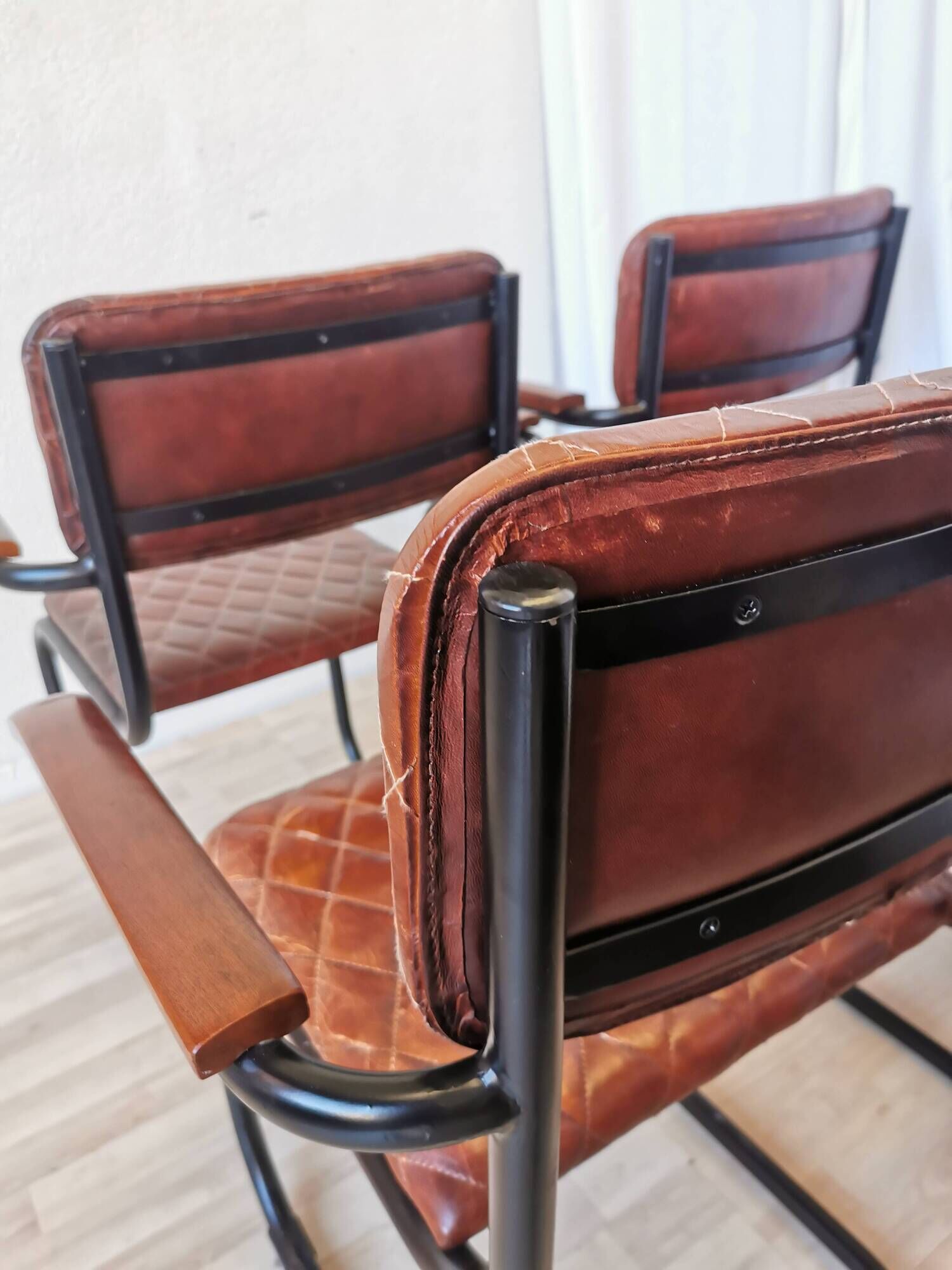 Set of 6 Vintage Cognac Leather Dining Chairs: Quilted Industrial Armchair