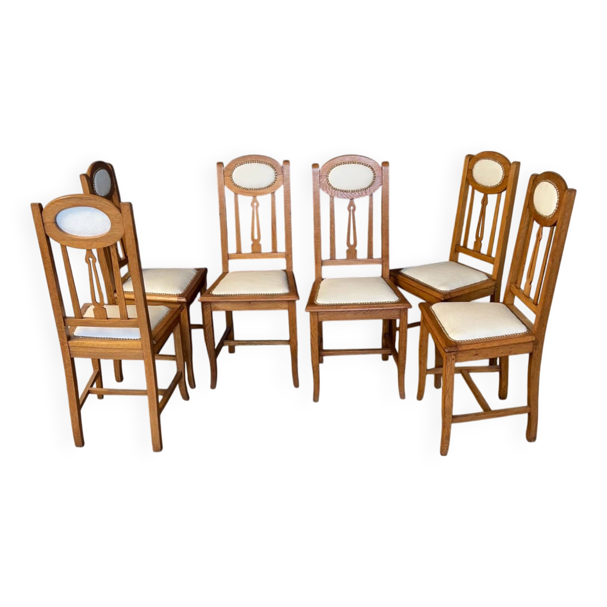 6 chaises en chêne et cuir blanc cassé