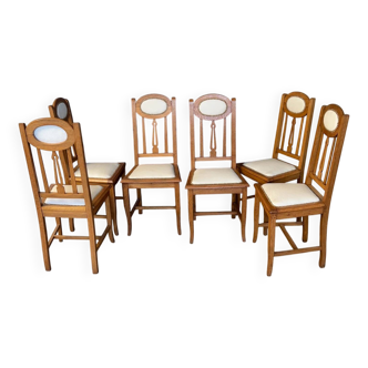 6 chaises en chêne et cuir blanc cassé