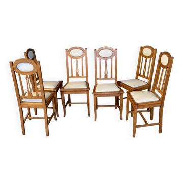 6 chaises en chêne et cuir blanc cassé