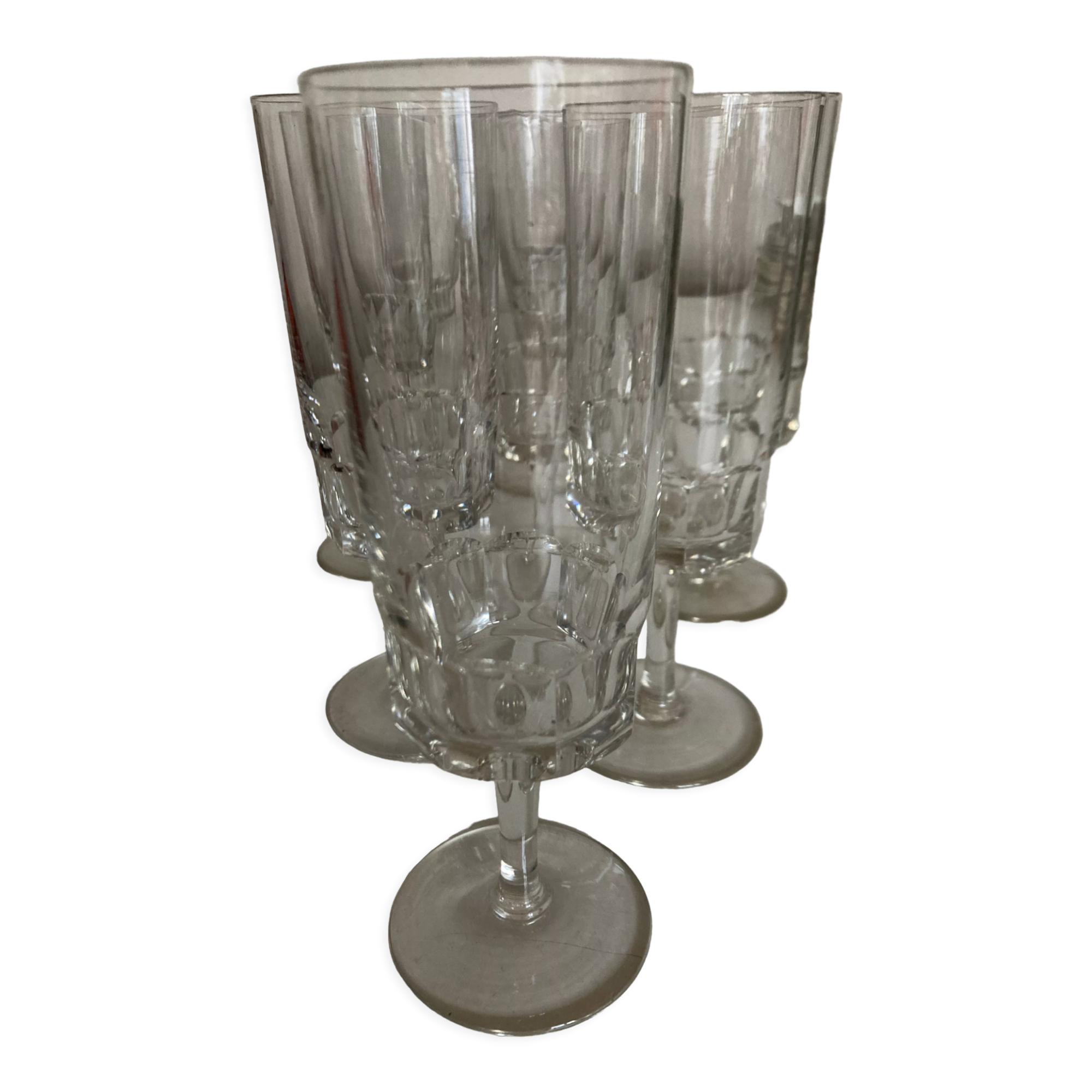 Product BHV Set of 9 crystal flutes sounding with short flat sides 1960