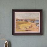 Peinture à l’huile de paysage vintage suédoise moderne « Golden Meadows » du milieu du siècle, encadrée