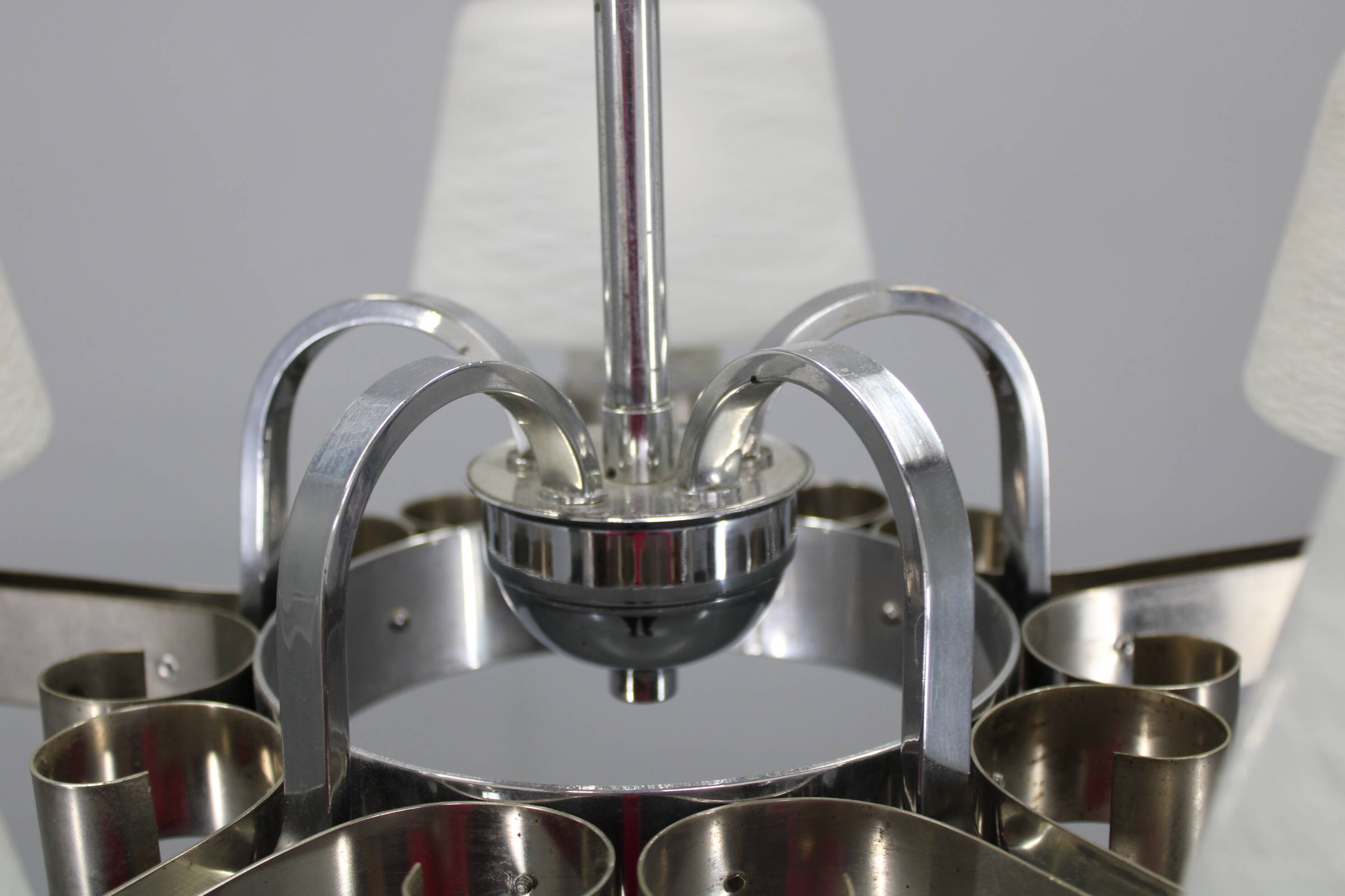 Art Deco nickel chandelier with textured glass, Czechoslovakia, 1930s