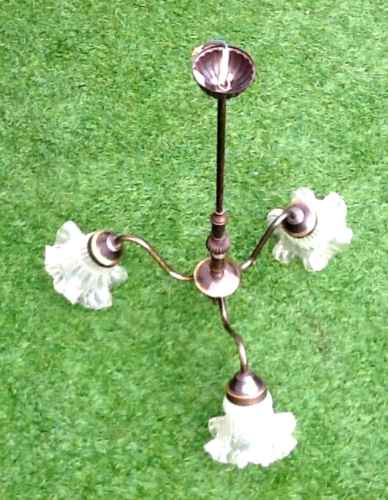 1970s Chandelier / Pendant lamp 3 arms of light Tulips with ruffles
