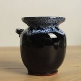 Ancien petit pot en céramique bleu foncé et clair avec une anse vase déco