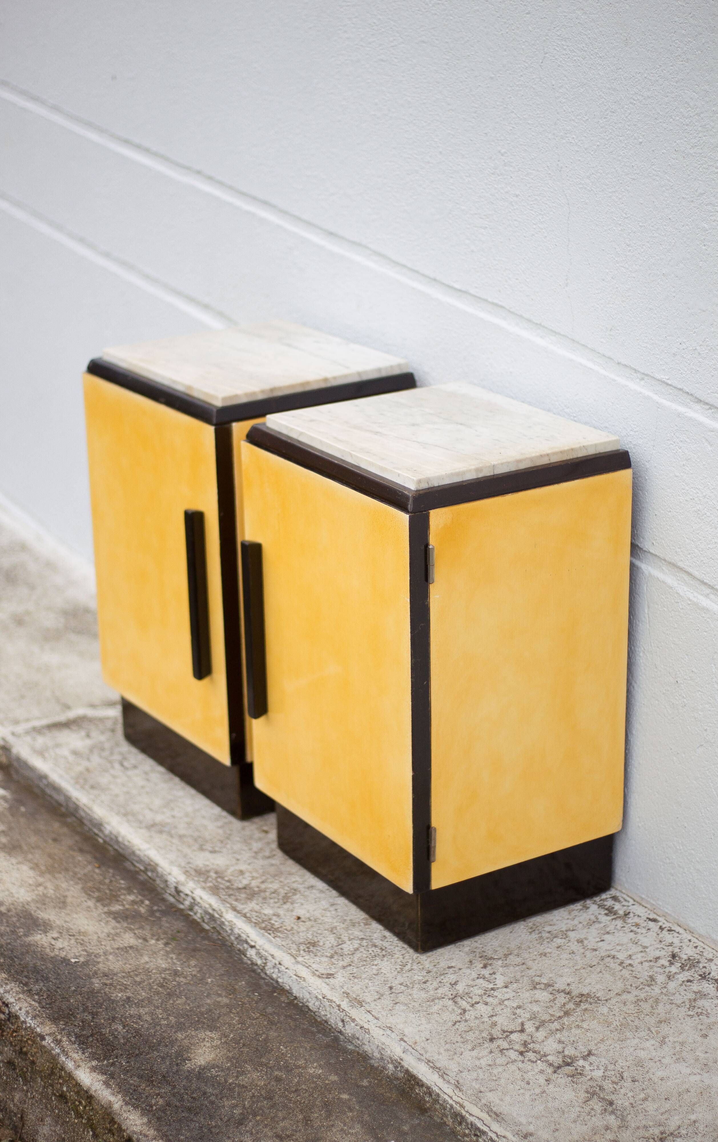 Pair of lacquered wood nightstands with brand plate, vintage bedside table, bedroom furniture