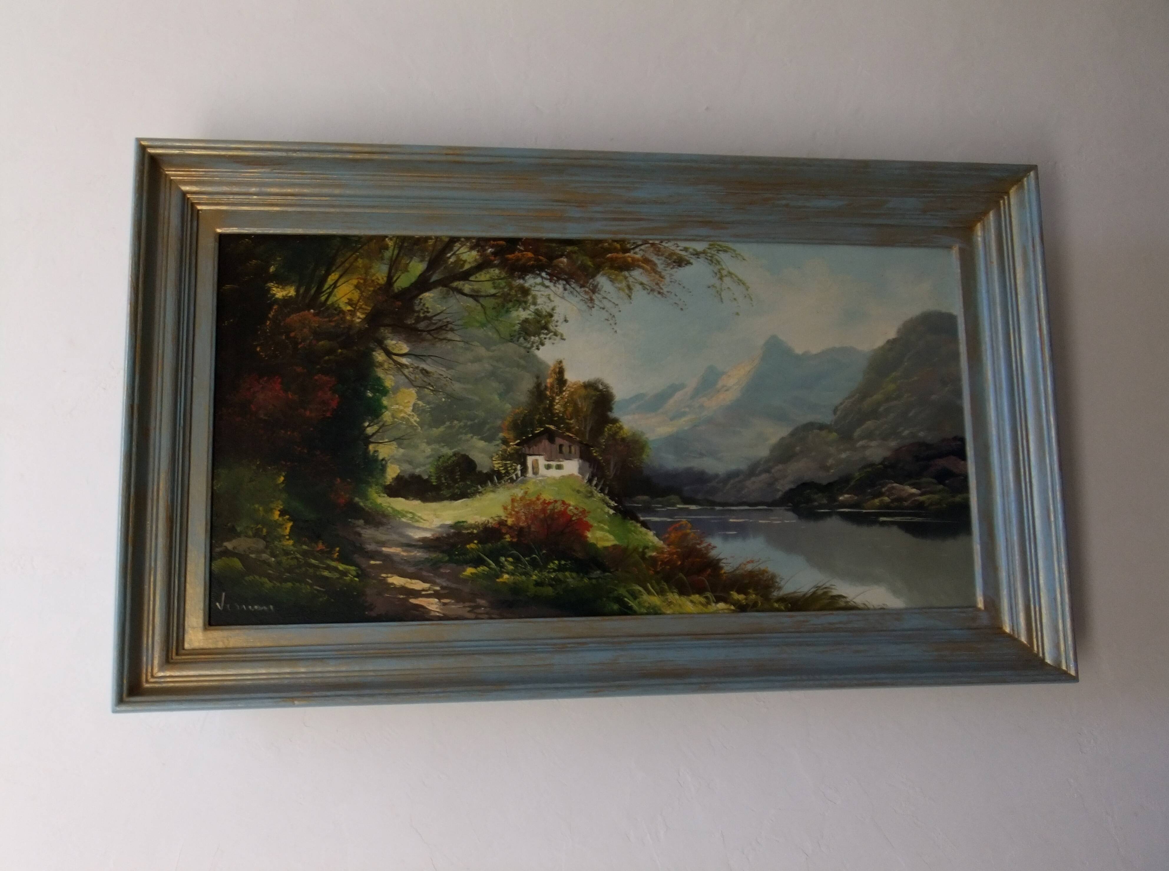 Tableau peinture à l'huile paysage signé Vernon cadre bleu gustavien et or