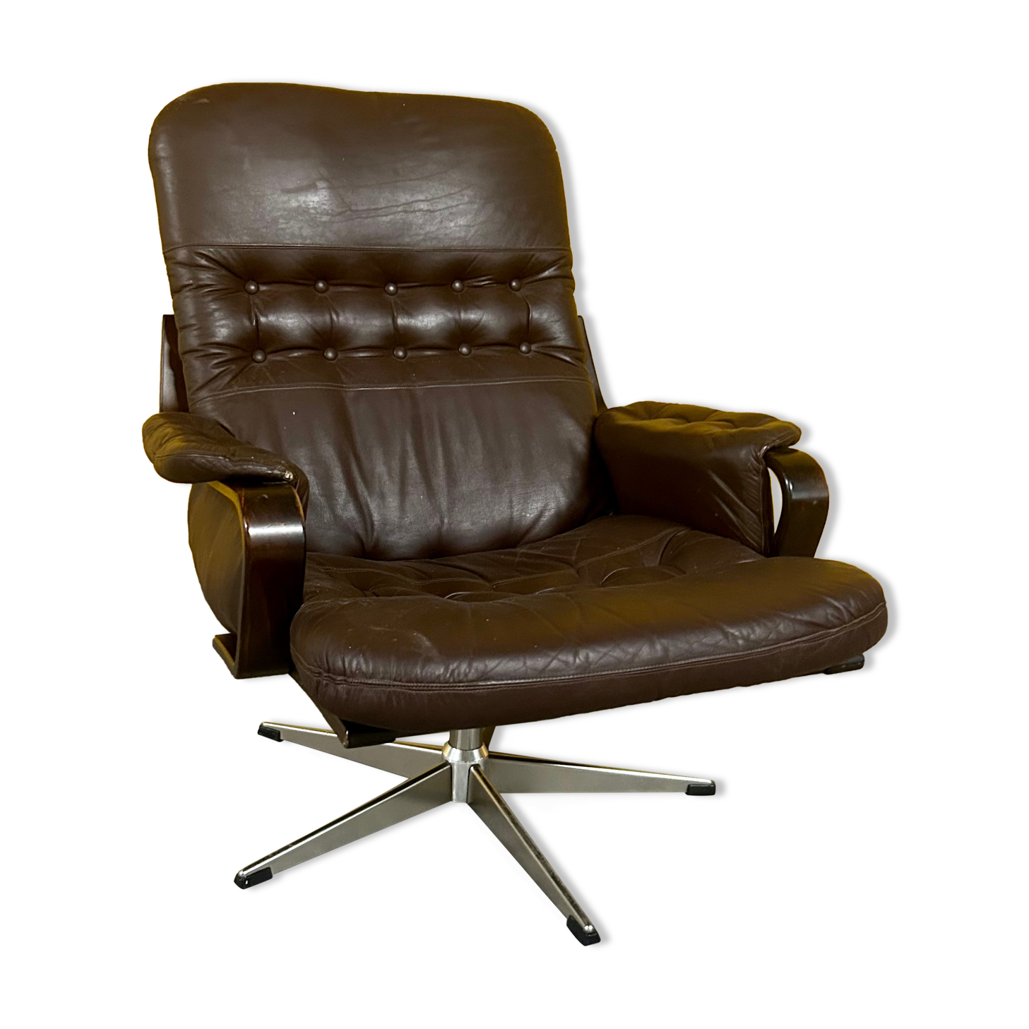 Scandinavian brown leather  swivel chair 1960s