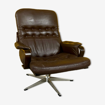 Scandinavian brown leather  swivel chair 1960s