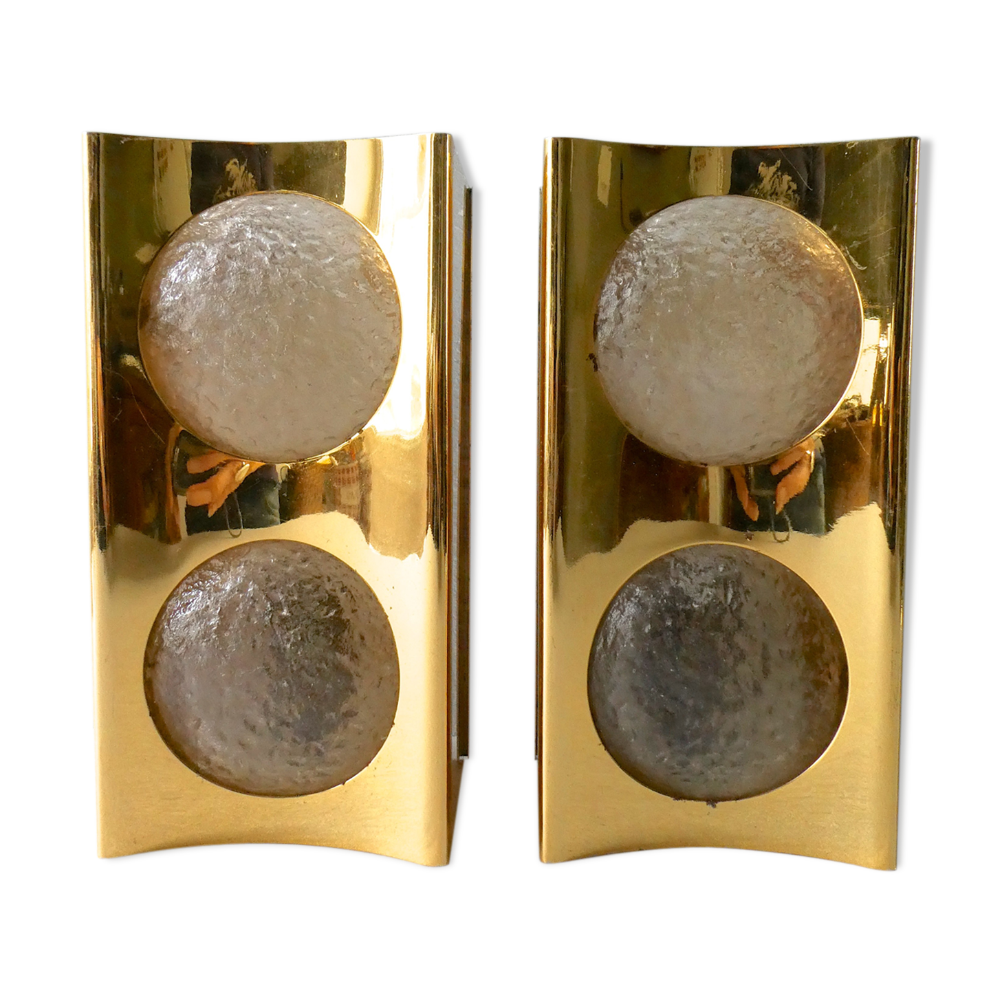 Pair of gold metal and frosted glass sconces