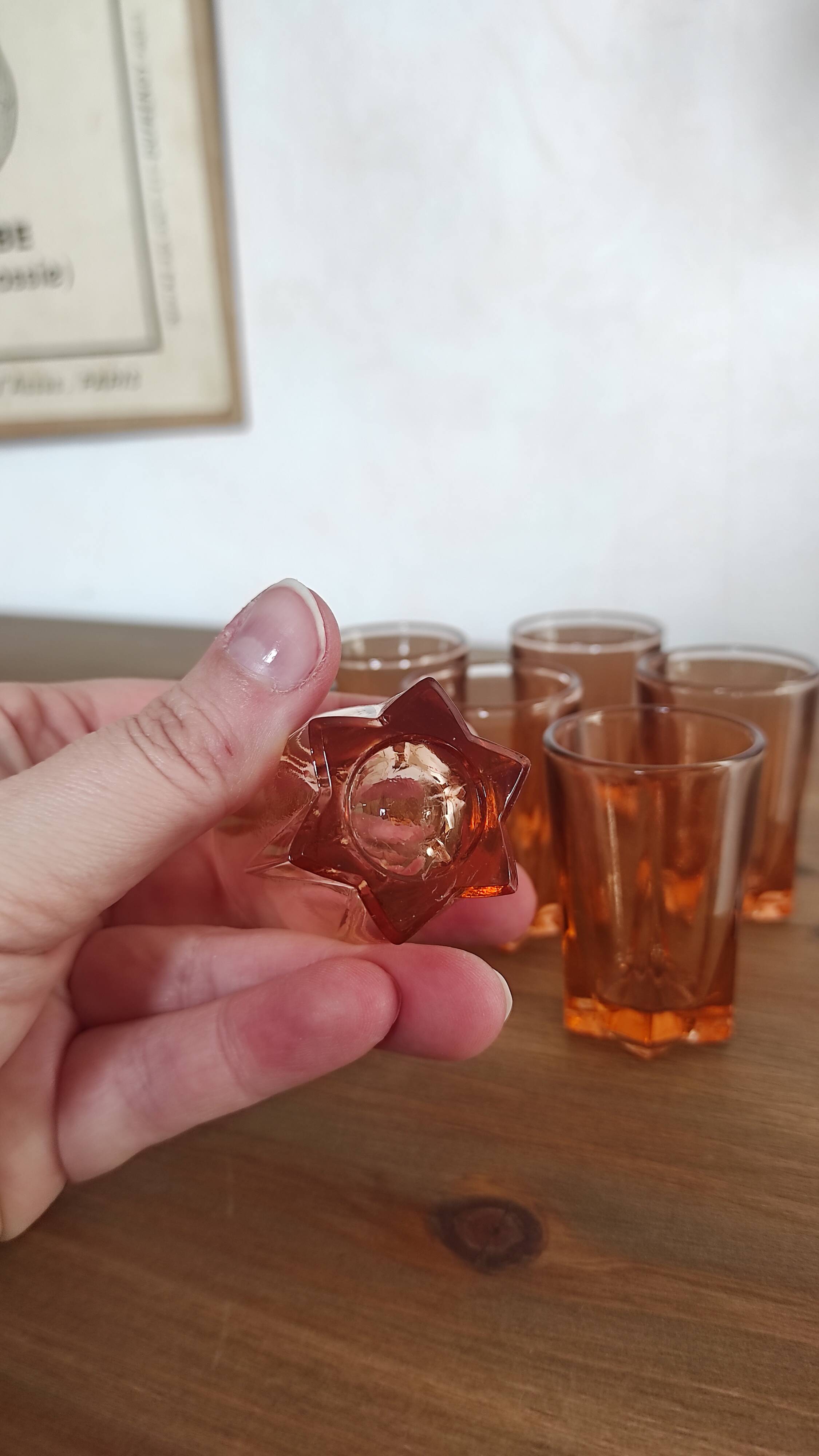 Set of 7 vintage Rosaline liqueur glasses in translucent pink glass