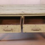 Ancienne table de chevet en teck birman patine écrue verte d'origine