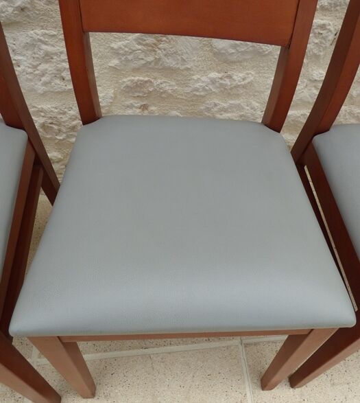 Set of 6 cherry wood style chairs with gray imitation leather seat