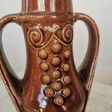 Vintage Amphora Vase: Large Brown Glazed Pottery with Grape Motif