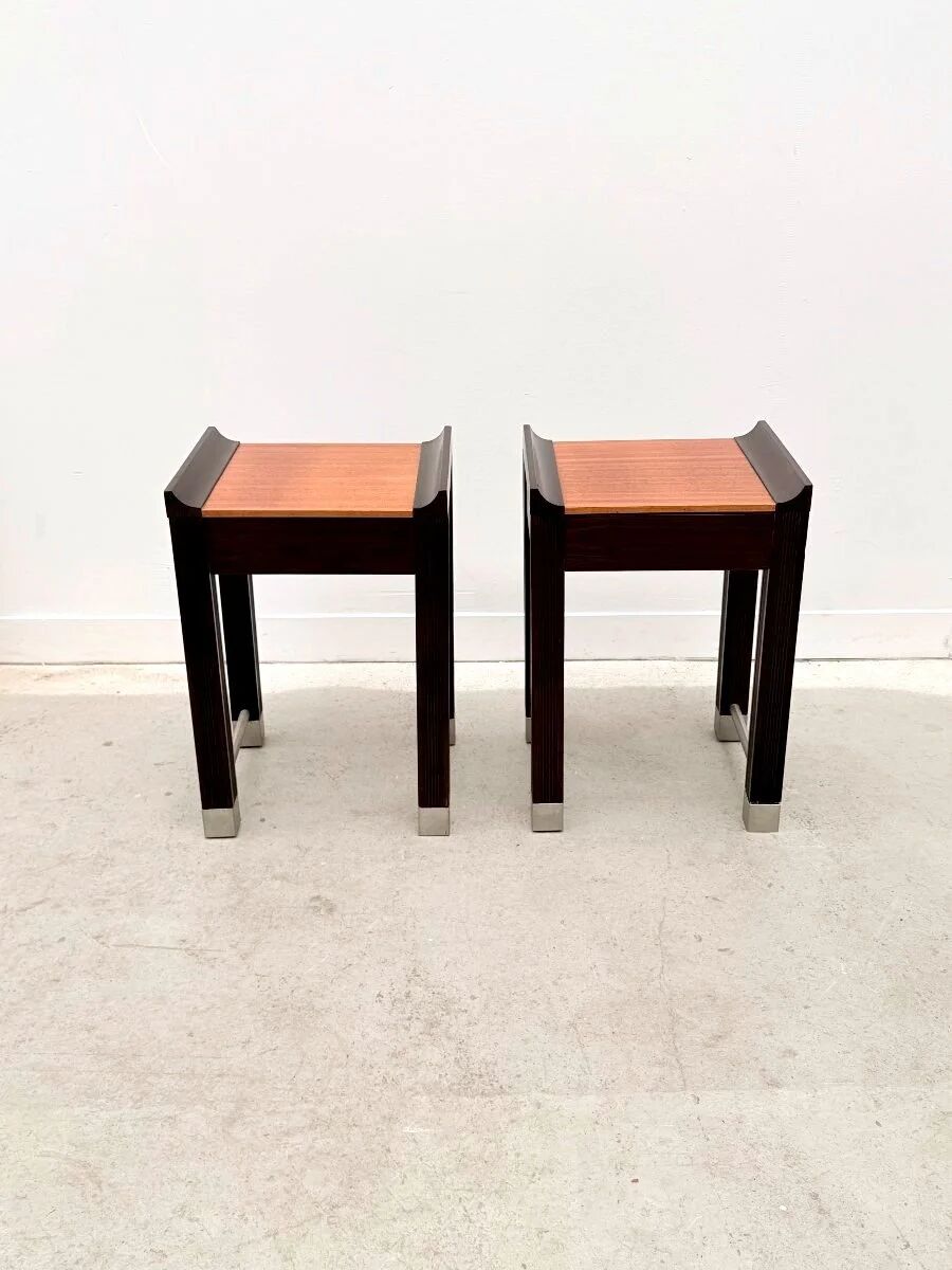 Pair of bedside tables in mahogany and stained oak, France 1980.