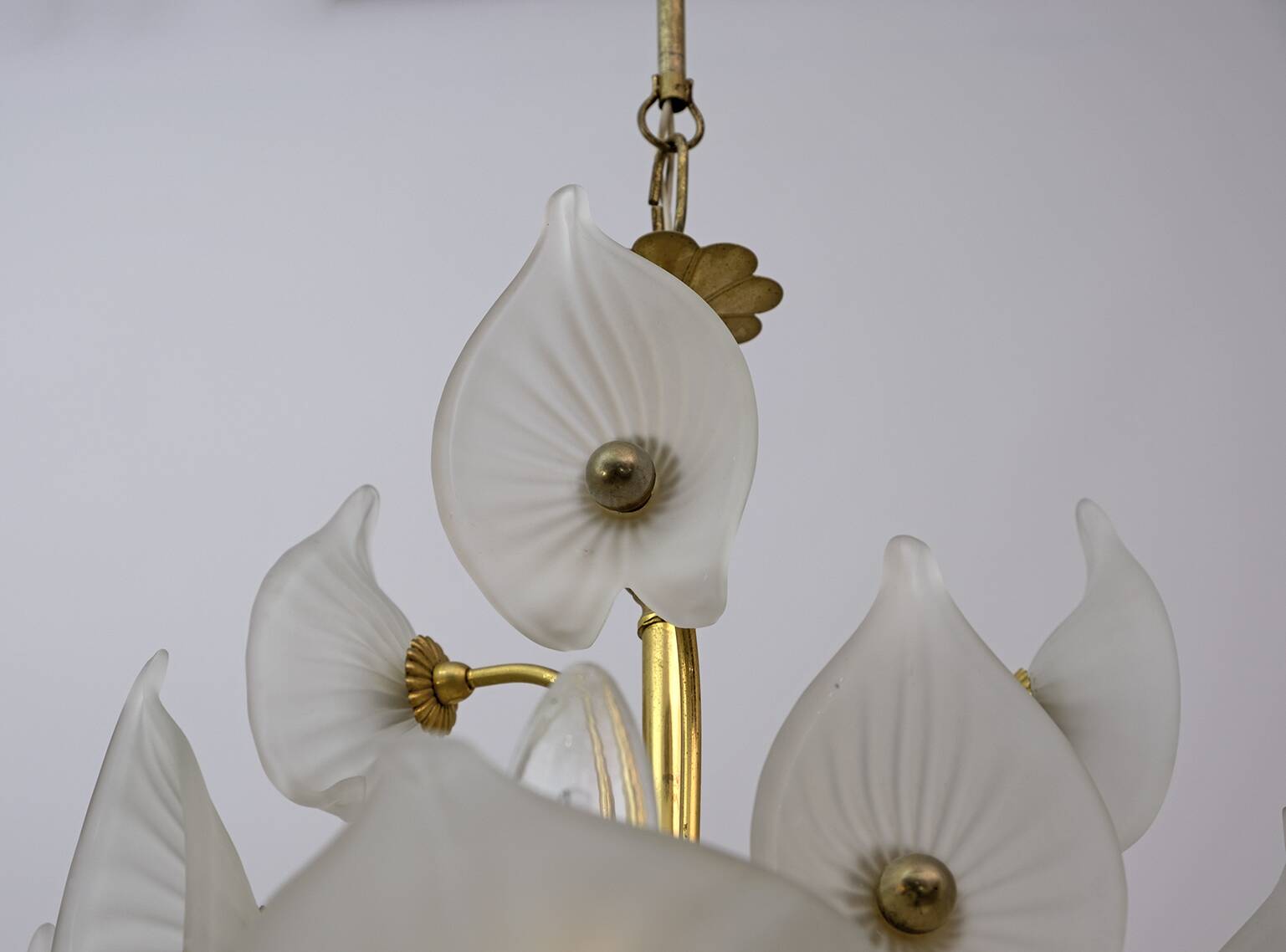 Mid-Century Modern Italian Murano Lattimo and Brass Chandelier, 1970s