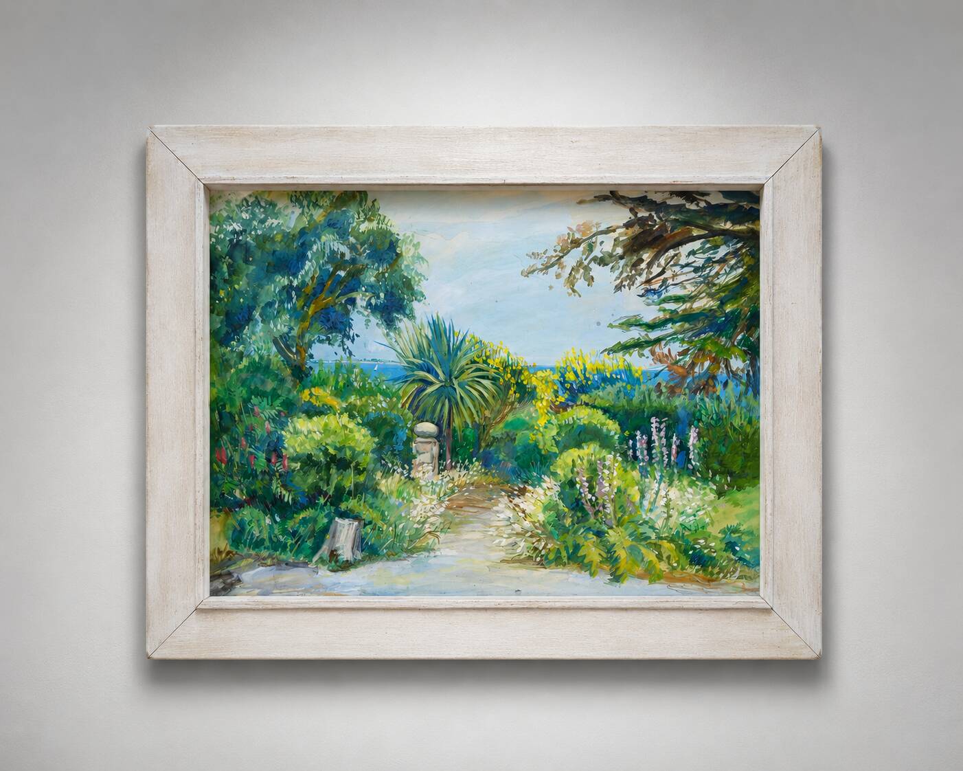 Mediterranean Garden – Original signed painting, bright landscape with a view