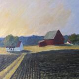 1992 Vintage Modernist Swedish "Sunset Fields" Rural Landscape Oil Painting, Framed