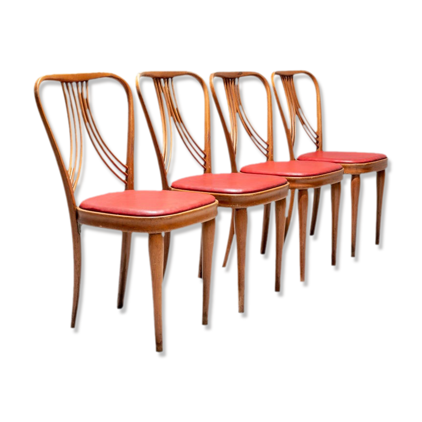 Set of 4 dining chairs in blond wood and faux leather red Italy 1950s
