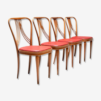 Set de 4 chaises de salle à manger en bois blond et faux cuir rouge Italie années 1950