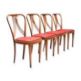 Set of 4 dining chairs in blond wood and faux leather red Italy 1950s