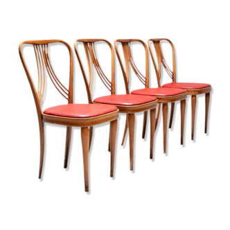 Set of 4 dining chairs in blond wood and faux leather red Italy 1950s