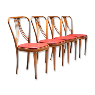 Set de 4 chaises de salle à manger en bois blond et faux cuir rouge Italie années 1950