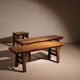 Ensemble de banc, tabouret et table basse 'Wabi Sabi' primitif en chêne massif.