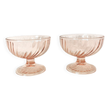 Pair of pink rosaline swirl glass fruit bowls
