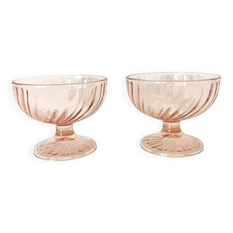 Pair of pink rosaline swirl glass fruit bowls