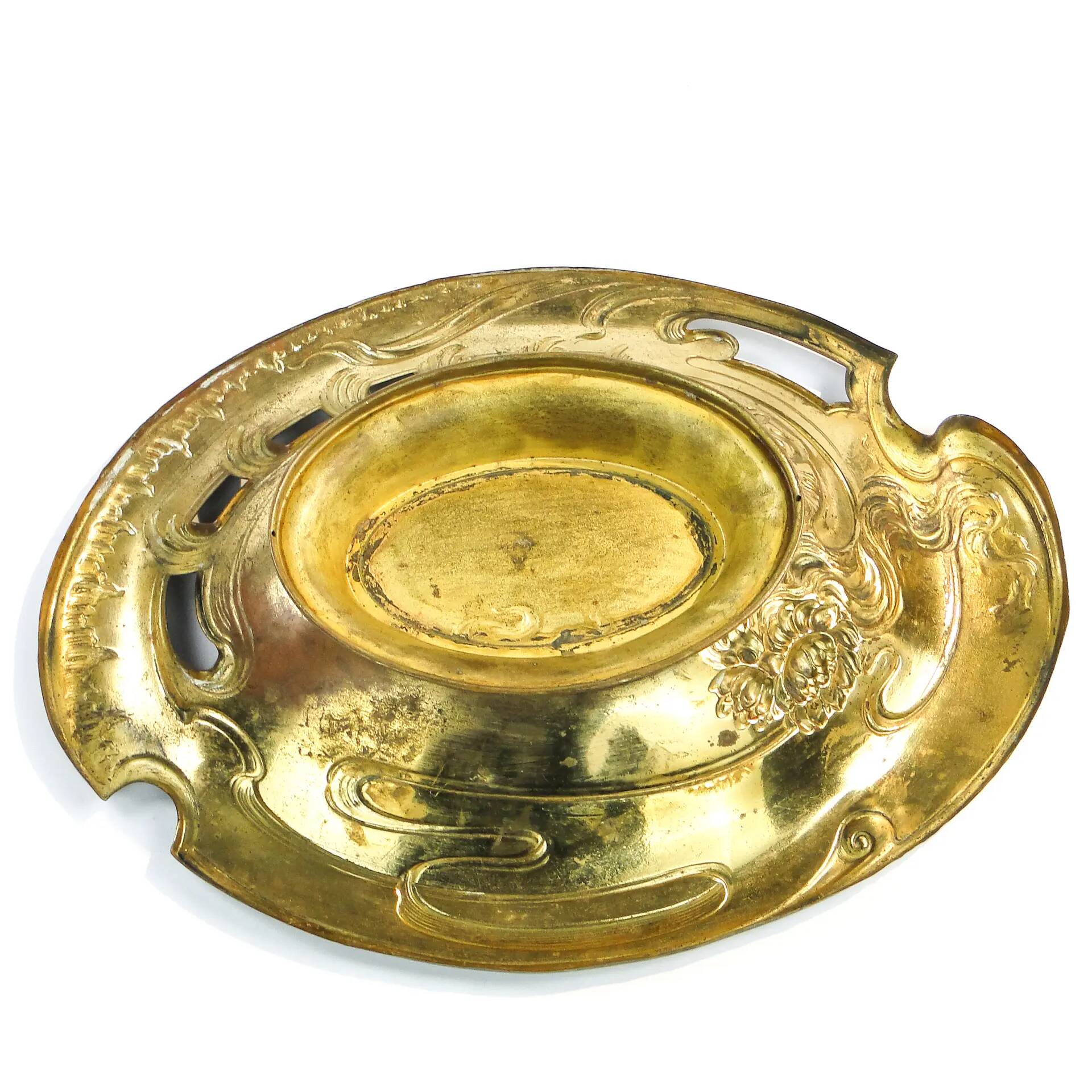 Art Nouveau platter, gilded brass, Zolberg Brothers, Poland, 19th century