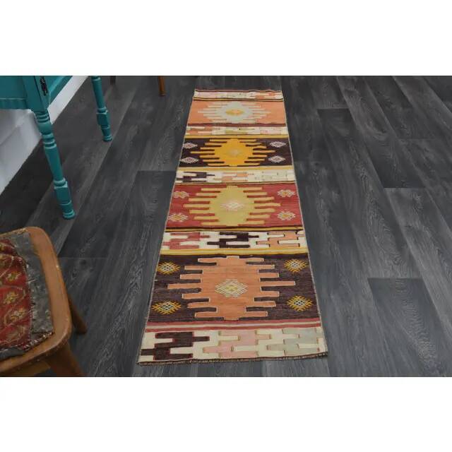 Vintage Turkish Hand-Knotted Wool Cotton Orange Runner Rug 60x217