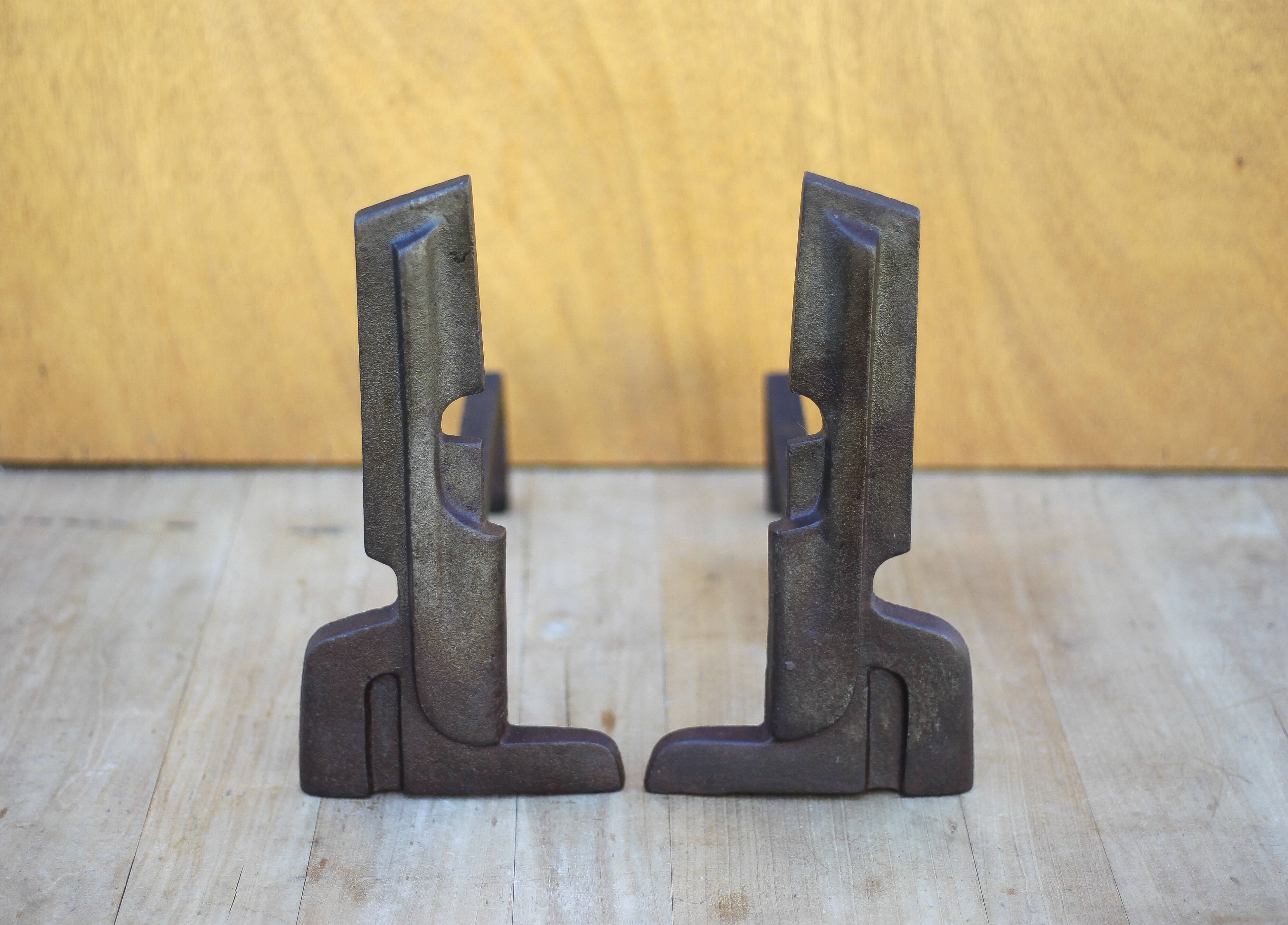 Vintage fireplace andirons France, wrought iron and cast iron andirons, modernist, brutalist, deco