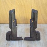 Vintage fireplace andirons France, wrought iron and cast iron andirons, modernist, brutalist, deco