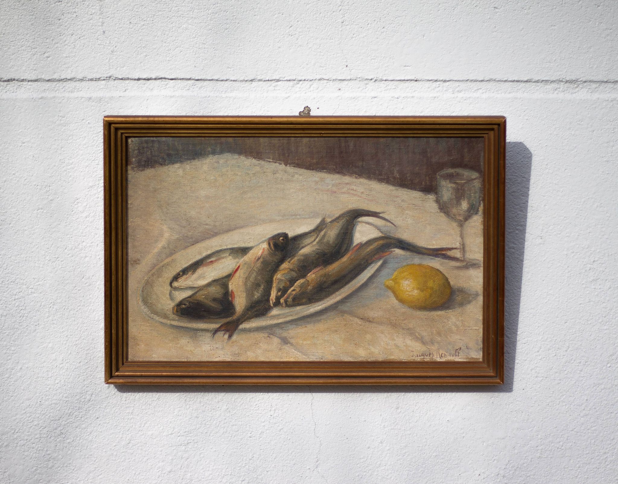 Vintage painting, still life fish painting, signed painting, wall decoration, home decor