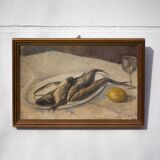 Tableau vintage, tableau nature morte poisson, peinture signée , décoration murale,home decor