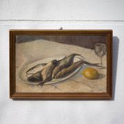Vintage painting, still life fish painting, signed painting, wall decoration, home decor