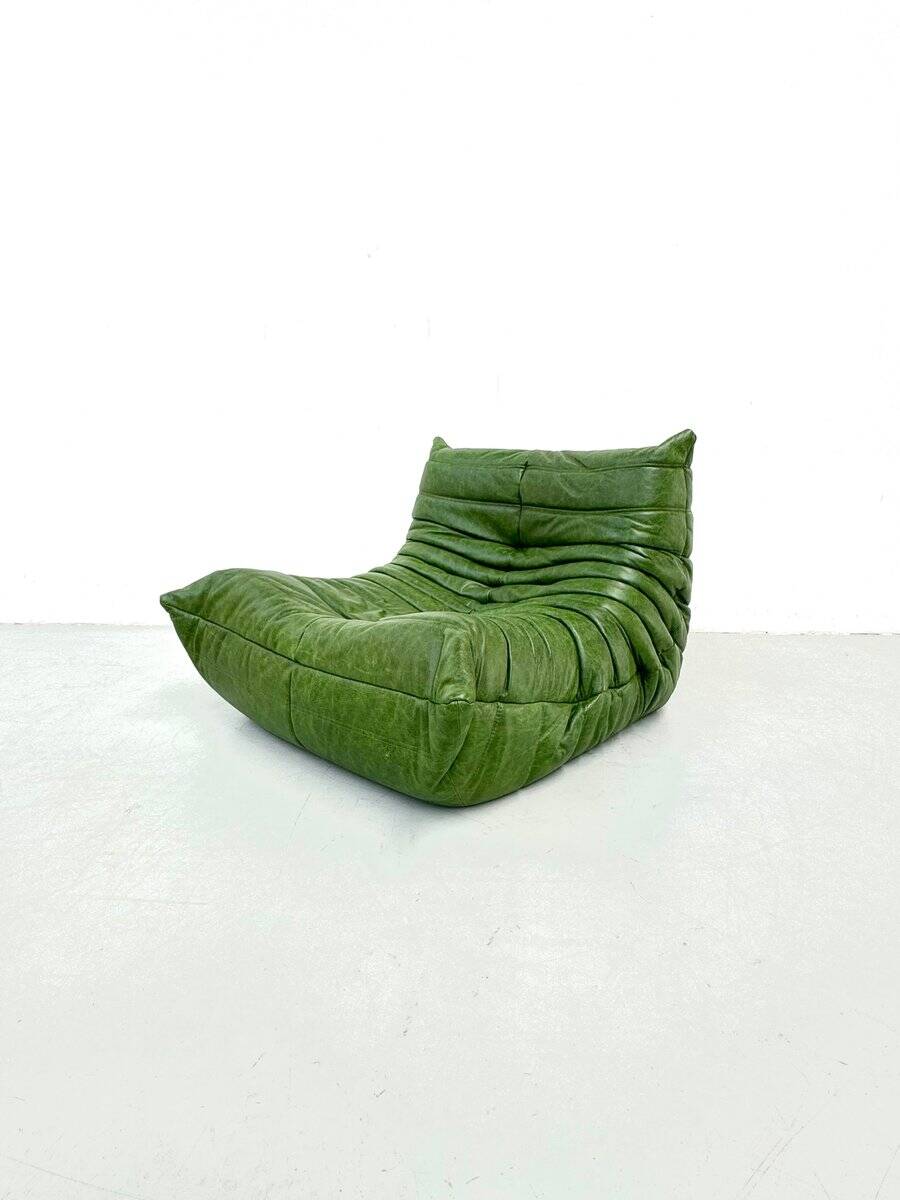 Togo lounge chair in forest green leather attributed to Michel Ducaroy for Ligne Roset