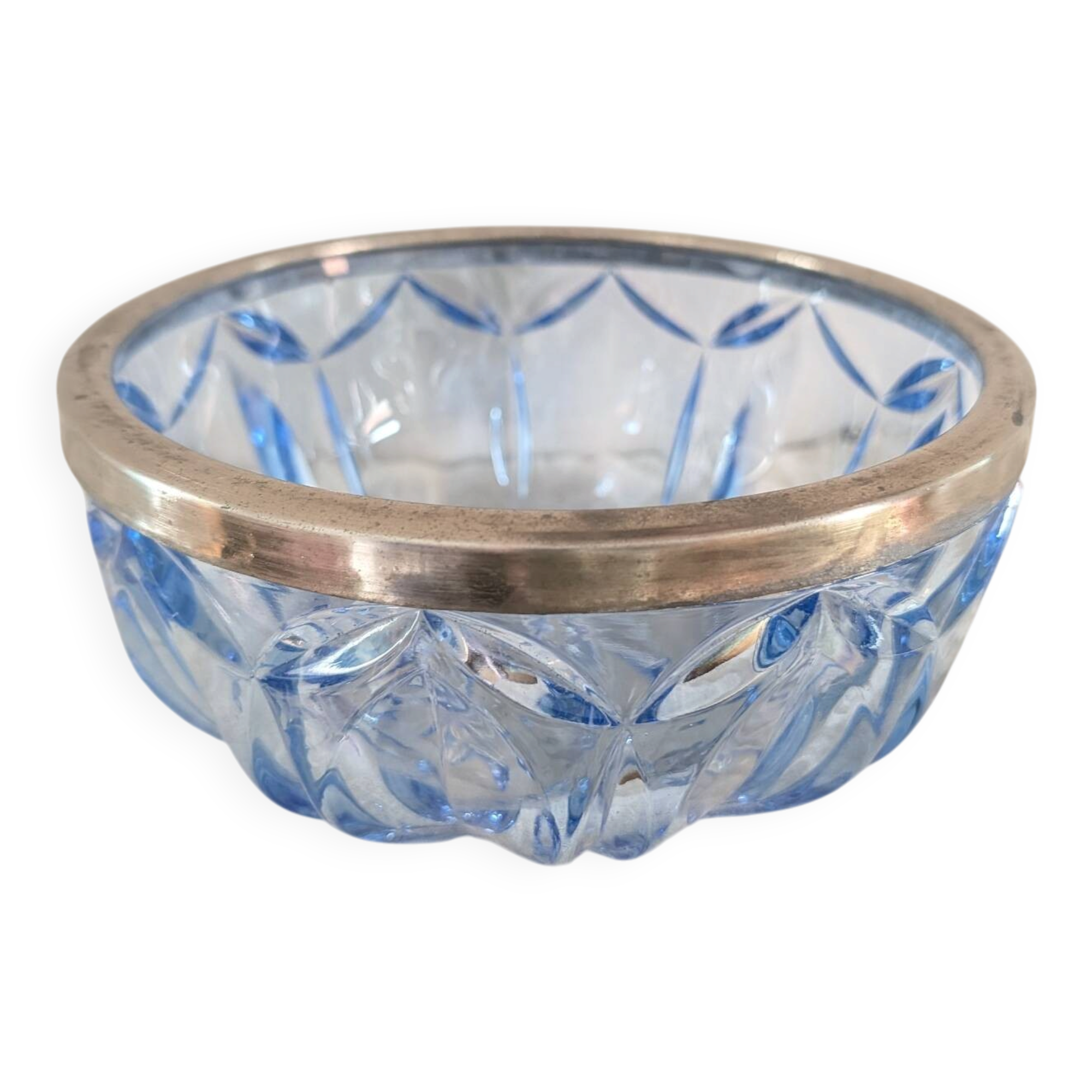Cut blue glass bowl, silver-plated rim – 1950s-1970s