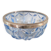 Coupe en verre bleu taillé, cerclage métal argenté – années 1950-1970