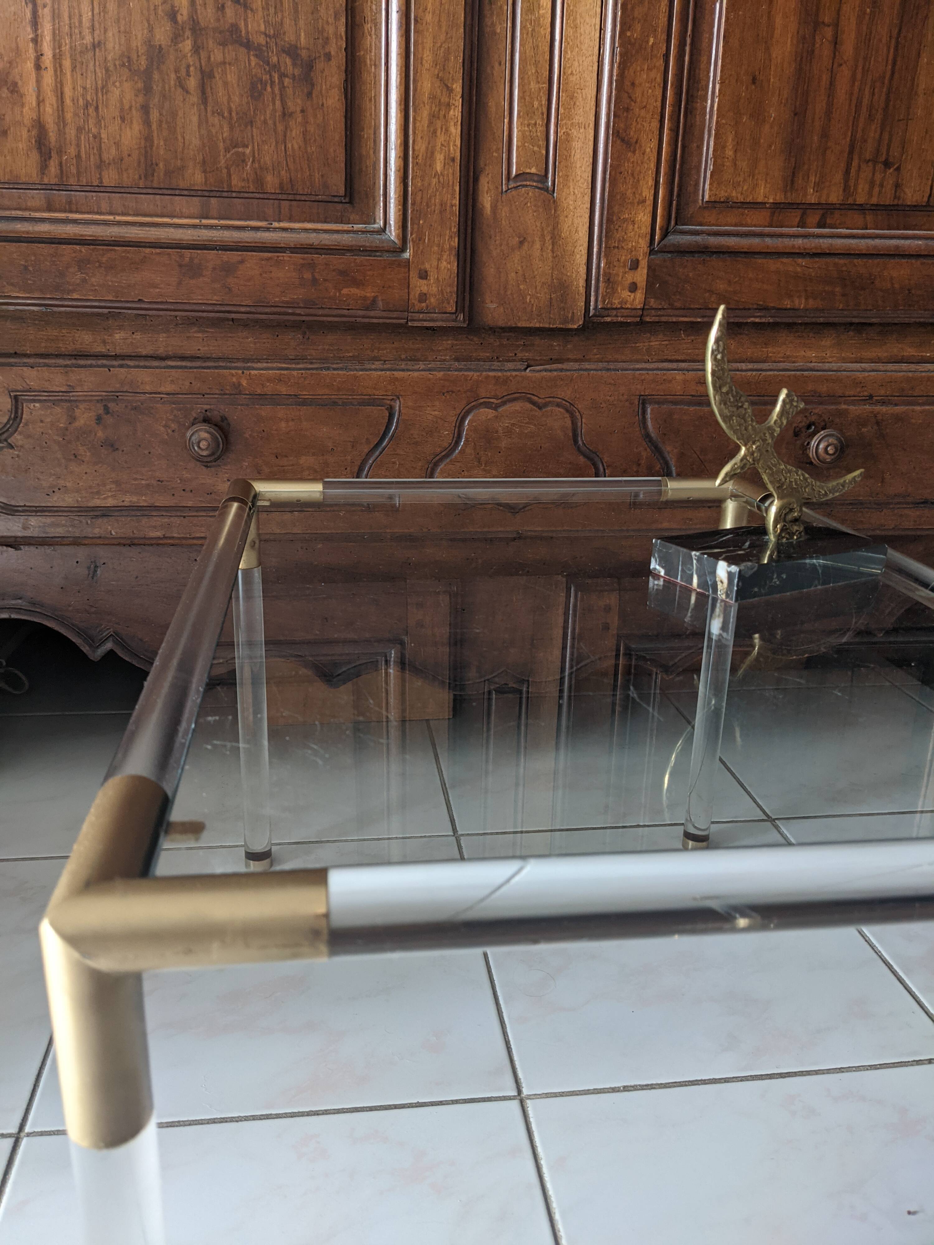 Vintage coffee table in plexiglass, glass and gold metal 1970