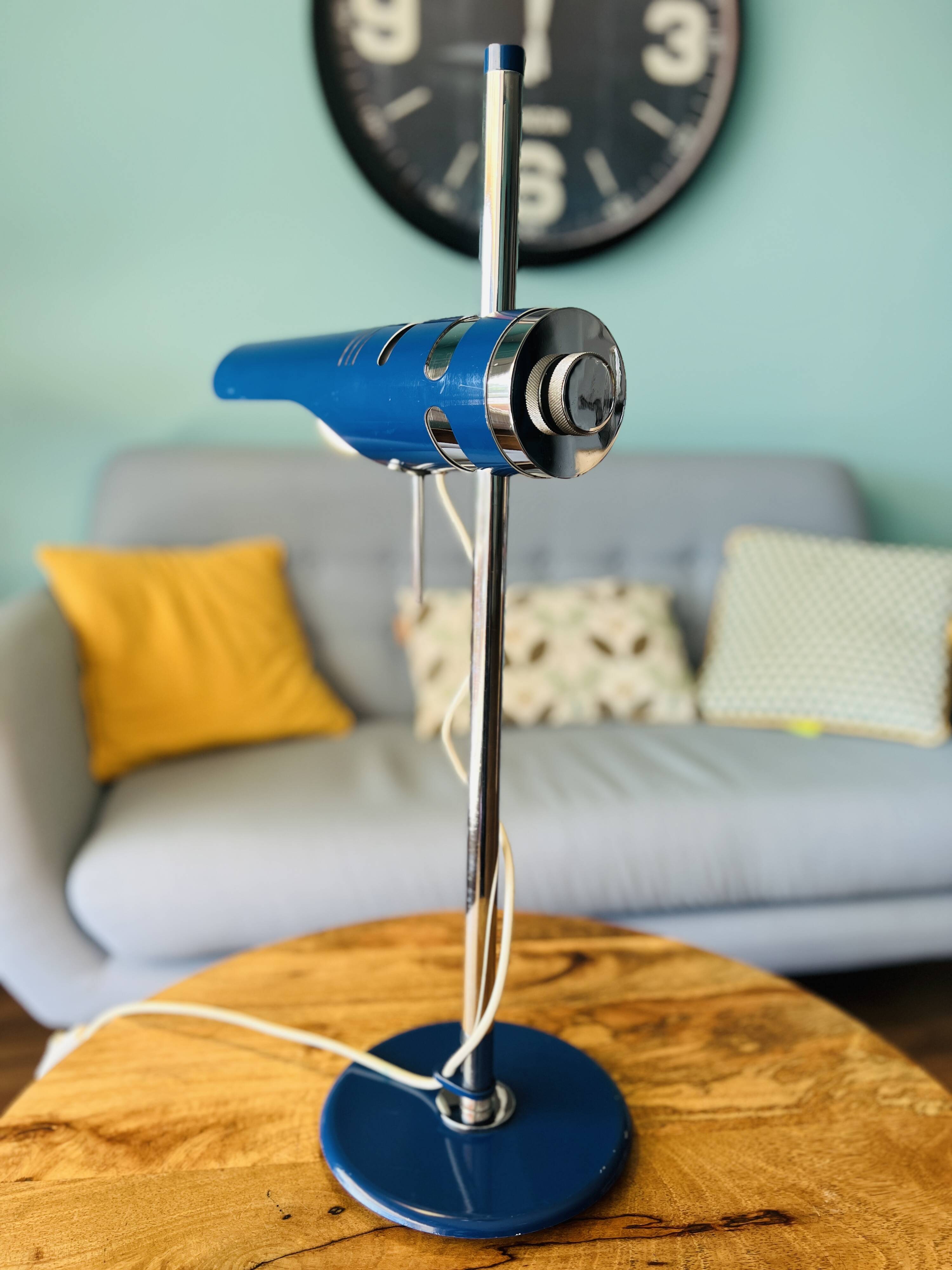 Retro Table Lamp from the 1970s: Articulated Arm, Swivel Shade, Electric Blue Enamel for space age d