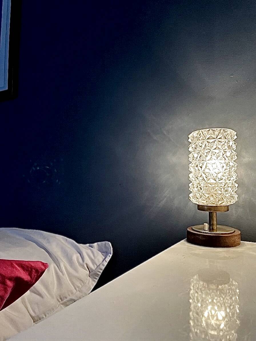 Vintage Mid-Century Scandinavian lamp in wood, brass, and pressed glass with spikes.